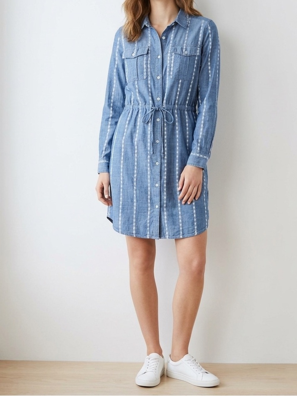 Time and Tru Blue Striped Button-Front Shirt Dress